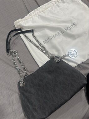 Michael Kors Black Pebbled Logo Shoulder Bag with Silver Chain